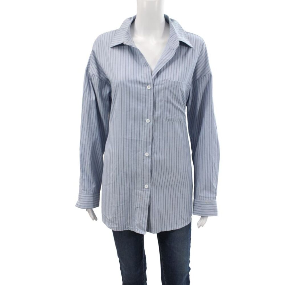 Designer Women Striped Collared Button-Up Long Sleeve Button Cuff Blue Size M